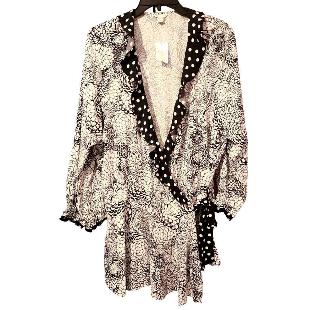 New Tunic Top Black and White Floral Wrap Shirt 18 / 20